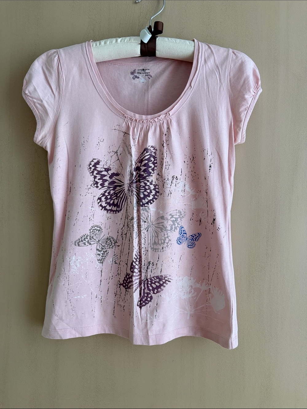 cache C cache Pink Tee with Purple & Blue Butterfly Print
